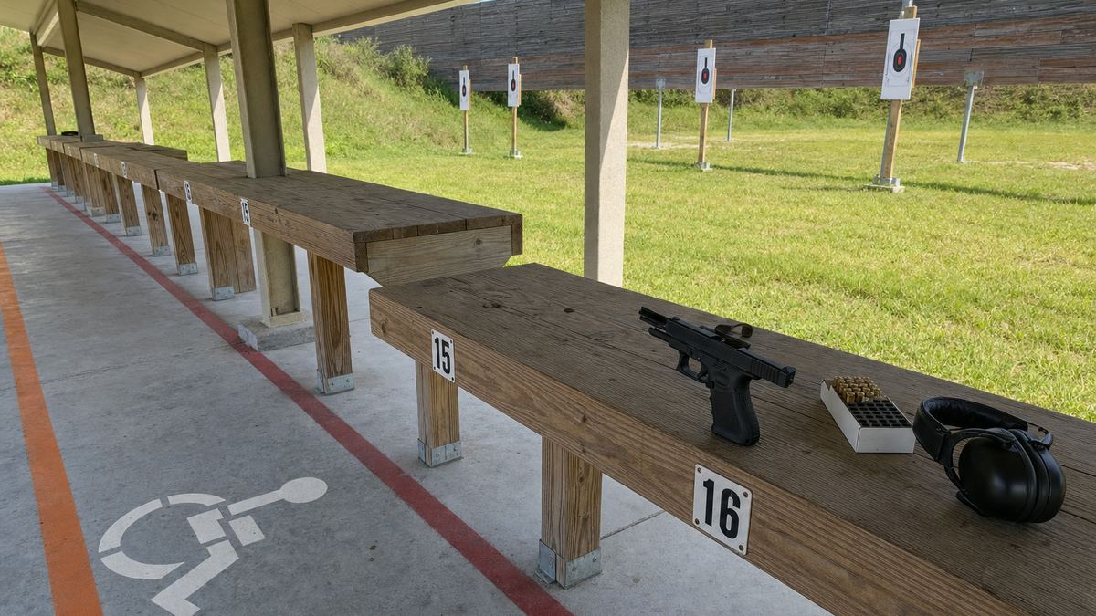 A covered handgun firing line with wooden shooting benches, an accessible lane marked on the concrete, and target frames on a grass range beyond