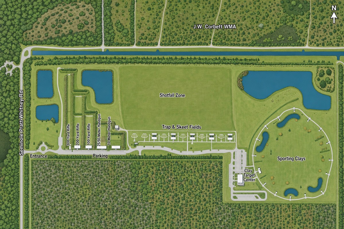 Illustrated map of the Palm Beach County Shooting Sports Park drawn from aerial imagery: Seminole Pratt Whitney Road and the entrance at the lower left, parking along the entrance road, the 300-, 200- and 100-yard rifle ranges and the 25/50-meter and 10-meter handgun ranges on the west side, the trap and skeet fields along the shotfall zone, and the Clay Target Center and ring-shaped sporting clays course at the east end, with J.W. Corbett WMA to the north
