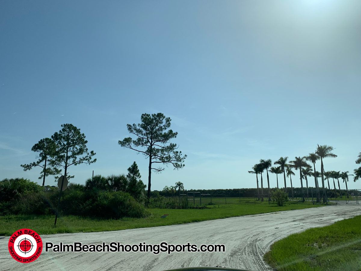 A sandy road curving through grass and slash pines toward the range under a clear sky
