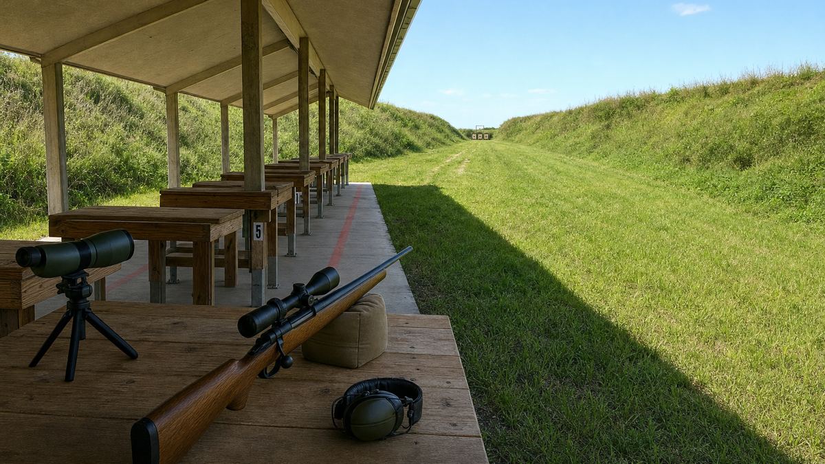 A long covered rifle firing line with numbered wooden shooting benches looking down a grass range toward distant target frames and a high earth berm