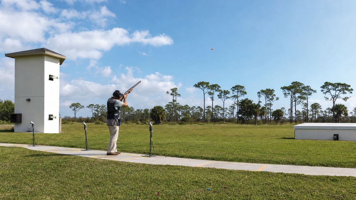 A skeet field with a tall high house on one side and a low house on the other, a semicircle of shooting stations, and a clay target crossing the sky