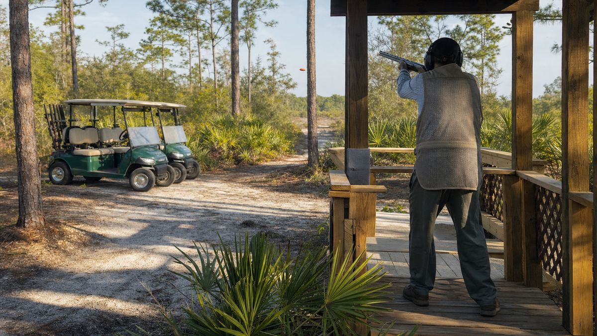A shooter in a vest and ear protection standing in a wooden sporting clays station, shotgun raised toward a clay target, with a golf cart parked on the path behind