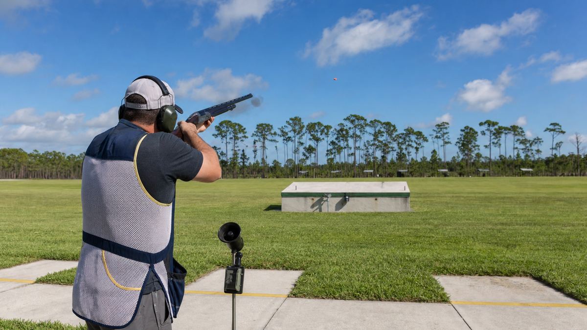 A shooter in a vest and ear protection firing a shotgun at an orange clay target rising from a low trap house across a mown field
